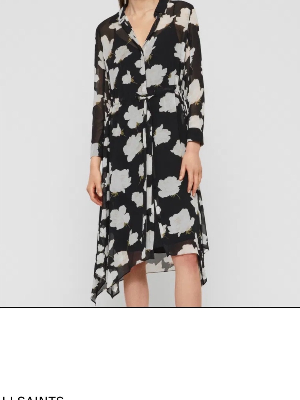 AllSaints Black Floral High-Low Shirt Dress with White Print - Picture 3 of 9